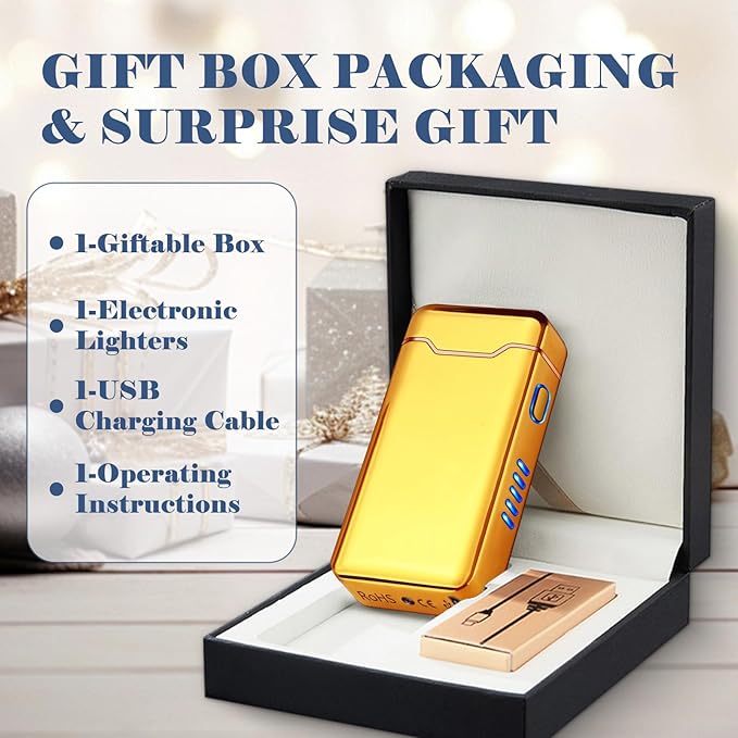 BABOBIU USB Lighter Electric Lighters Rechargeable Arc Lighters with LED Light Power Display Windproof Lighter for Men Boyfriend Husband Candle Incense Stick Outdoor (Glossy Gold)
