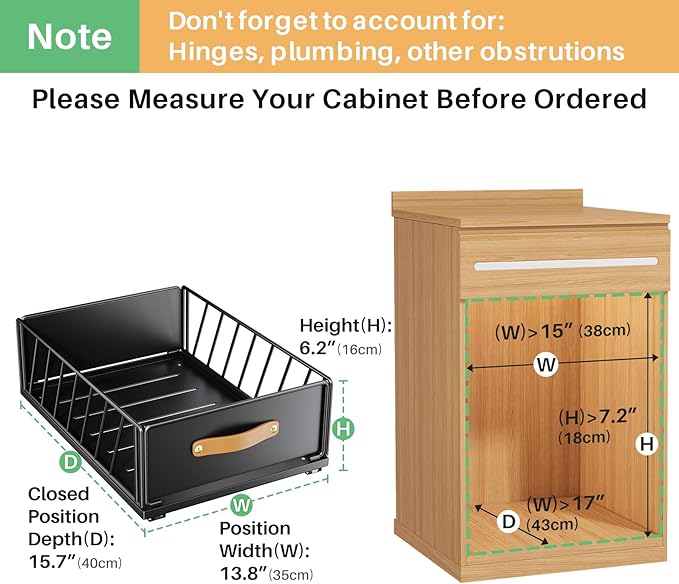 Pull out Cabinet Organizer,Heavy Duty Slide out Pantry Shelves Drawer Storage with Adhesive Nano Film,Sliding Mesh Cabinet Basket with Handle for Kitchen, Bathroom, Home, 13.8"W X 15.7"D X 6.2"H,Black
