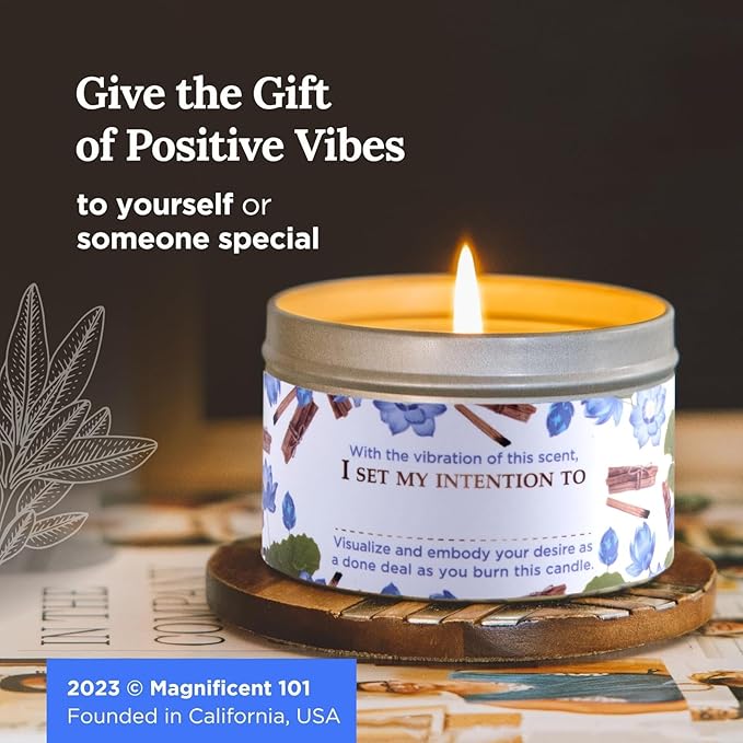 MAGNIFICENT 101 Positivity Aromatherapy Candle in 6-oz. Tin Holder: Soy Wax with Palo Santo & Lotus Flower Oils and Pure Sage Leaves for Intention Setting & Energy Cleansing
