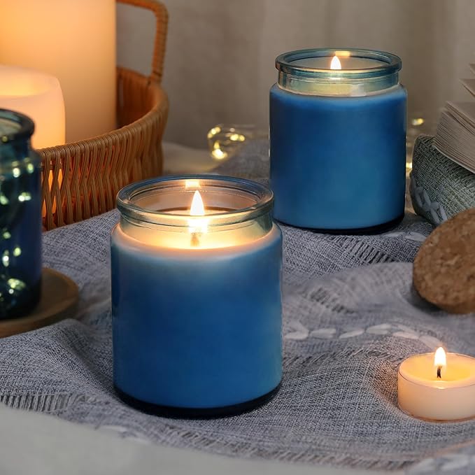 Lanttu 12 Pack Blue Candle Jars for Making Candles, 7.5oz Glass Jars with Wooden Lids and Labels, Candle Making Supplies Candle Containers for Home DIY, Gifts, Table Decor