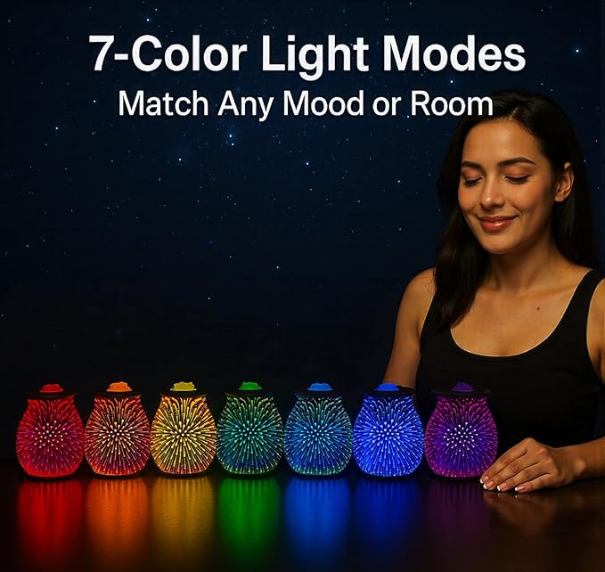 Leyoue 3D Glass Fireworks Electric Wax Melt Warmer with PTC Heating Plate 7 Colors LED Changing Light Wax Burner Melter Fragrance Warmer for Home (Timing Switch)