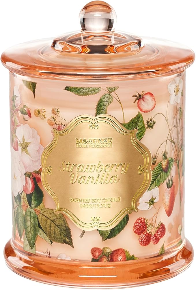 M&SENSE Strawberry Vanilla Soy Candle, Natural 12.7oz 75 Hour Long Lasting Slow Burning, Winter Aromatherapy Candle for Home Relaxation, Housewarming New Year Gifts for Women