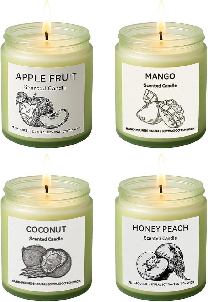 Scented Candle Gift Set, 4 Pack 25oz Soy Wax Candles, 200 Hour Burn Time, Long Lasting Aromatherapy Candles for Home Fragrance, Ideal Gift for Women and Men – Mango, Apple, Peach, Coconut
