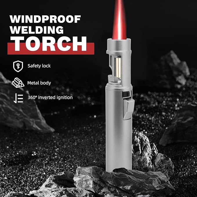 Torch Lighter, Butane Refillable Multifunction Straight Flame Bright Lighter Windproof Adjustable Color with Safety Lock Jet Lightsaber Flame for Outdoor, Campfires, BBQ, Candles, Camping