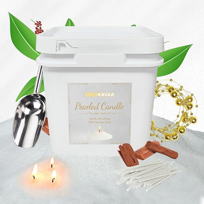 Sandalwood Scented White Pearled Candle 141oz Luxury Sand Candle Granulated Wax - 150 Cotton Wicks – Wax for Candle Making Decorative Candles Smooth and Clean Burning Lasts up to 800 Hours