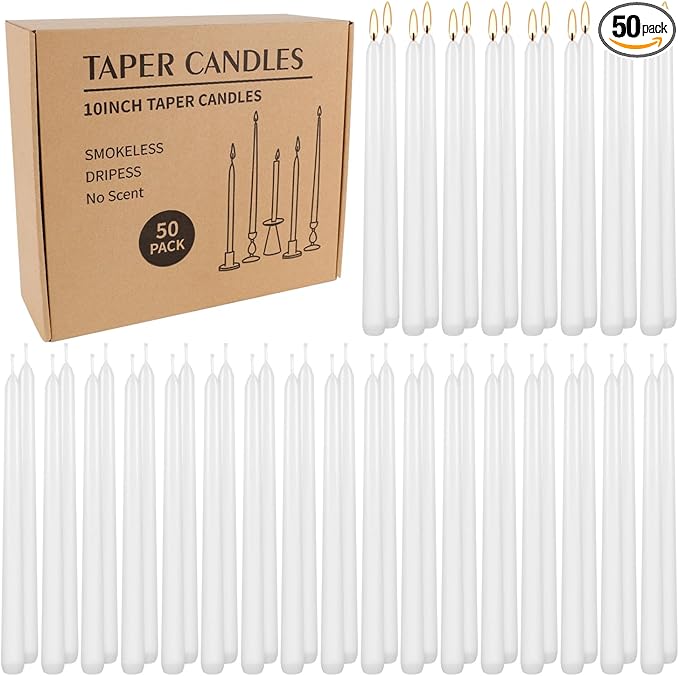 50 Pack White Taper Candles, 7-8 Hours Burn Time, Unscented, Smokeless and Dripless, 4/5 x 10 Inch for Christmas,Household,Dinner,Wedding,Valentine's Day,Party and Home Décor Candlesticks