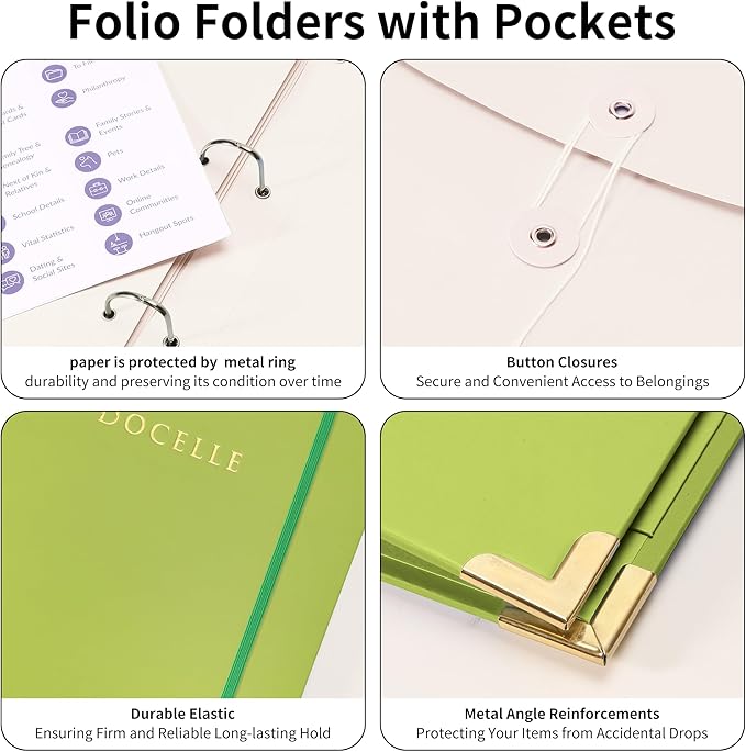 3-Ring Folder Organize Sturdy Hardboard Important Document Organizer with Expanding Pockets for Home, School, Office Use (Green)