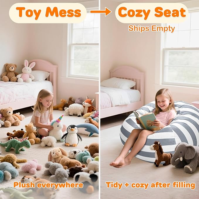 Lukeight Stuffed Animals Storage Bean Bag Chair Cover Only (Ships Empty, No Filling) - Velvet YKK Zipper Beanbag Cover for Big Kids and Teens, Washable Plush Toy Organizer, XX-Large 36" D x 20" H
