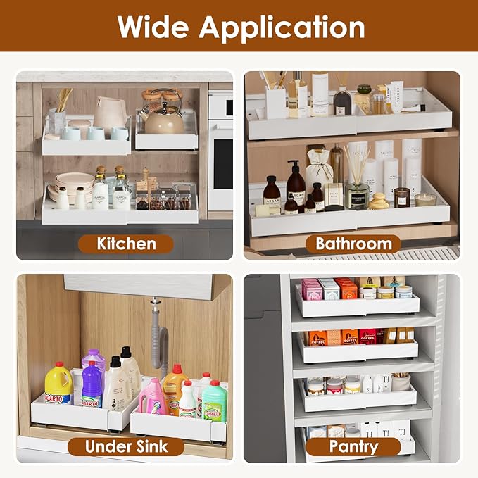 1 Pack Expandable Pull Out Cabinet Organizer 21" Deep, Adjustable Width 12.6"-20.5", No Drill Adhesive with Triple Track Rails, Heavy Duty Slide Out Drawers for Kitchen, Pantry, Cabinets,White