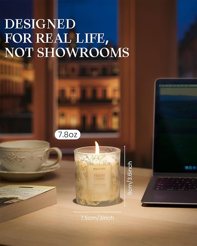 M&SENSE Fresh Linen Scented Vegan Soy Candles, Non-Toxic Subtle Aroma, 8.1oz 42-Hour Slow Burning, Air Refreshing Home Office Candles, Housewarming Gift for Family & Friends