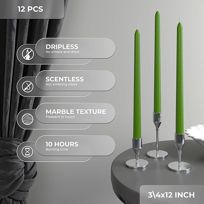 CANDWAX 12 inch Taper Candles 12 Pack - Colored Candle Sticks Great as Dinner Candle Set - Grass Green