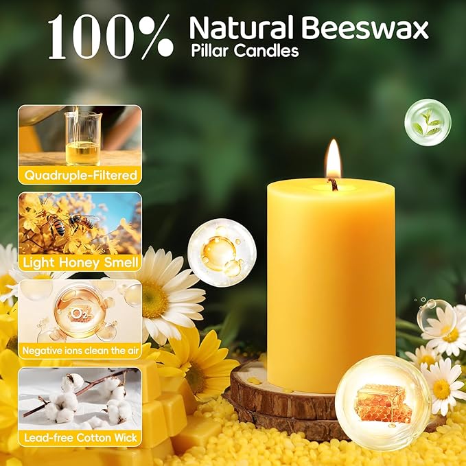 Natural Beeswax Pillar Candles,100% Pure Beeswax Candles-96 Hours Long Burning,Unscented Bees Wax Candles for Home,Prayer,Emergency,Dripless Smokeless Organic Pillar Candles Bluk-2x3in-3pack