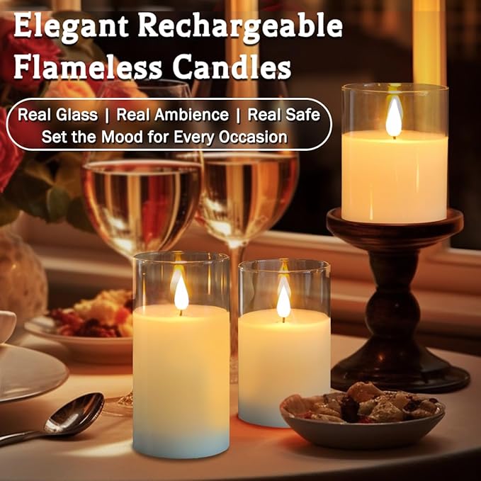 Rechargeable Flameless Glass Pillar Candles–Mothers Day Gifts,–Set of 3, Realistic Flickering LED Light,Remote & Timer, Ideal for Living Room, Bedroom & Birthday Gifts for Mom