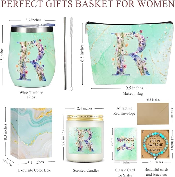 Personalized Gifts Monogrammed Birthday Gifts for Women, Mommy, Female Going Away Farewell Christmas, Initial Wine Tumbler Makeup Bag Scented Candle Bracelet Set, (Aesthetic Green Flower R)