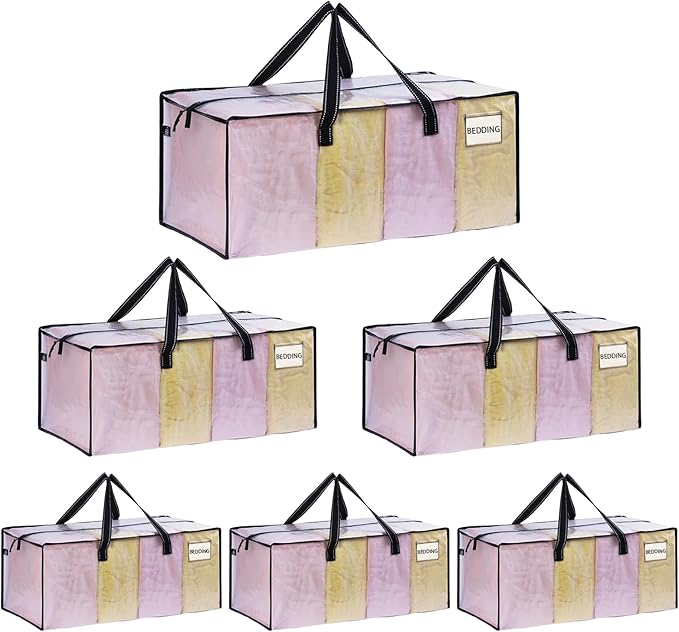 VENO 6 Pack Heavy Duty Moving Bags, Christmas Storage Bins with Lids, Clear Design, Alternative to Moving Boxes, Storage Bags for Clothes, Blankets, Comforters, Pillows, Camping (Clear, 6 Pack)