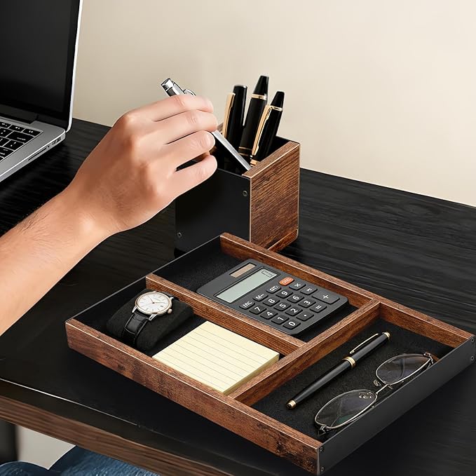 Wooden Desk Tray with Integrated Pen Holder, Luxury Office Organizer for Executive Desk, Minimalist Wood & Metal Stationery Storage Set, Premium Gift for Men & Home Office Decor