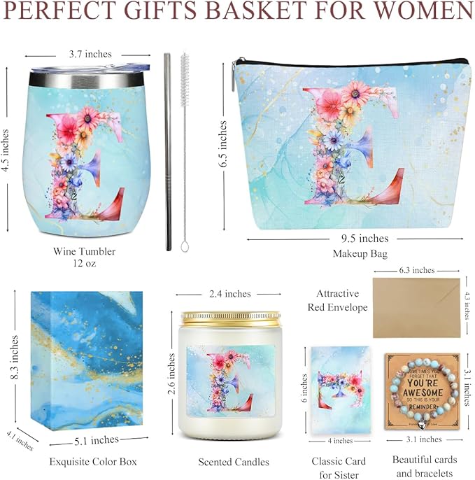 Personalized Gifts Monogrammed Birthday Gifts for Women, Daughter Bestie Friendship Christmas Halloween Initial Wine Tumbler Makeup Bag Scented Candle Bracelet Set, (Aesthetic Blue Flower E)