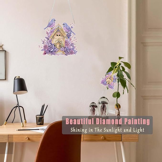 Masendp Purple Bird Diamond Painting Double-Sided Hanging Ornament Set, DIY Irregular Shaped Rhinestone Window Decoration Set, Suitable for Home and Garden Wall Decoration Gifts
