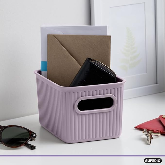 Superio Ribbed Collection - Decorative Plastic Basket Open Home Storage Bins Organizer, Small Lilac Purple (4 Pack) Container Boxes for Organizing Closet Storage Bins for Shelves 1.5 Liter