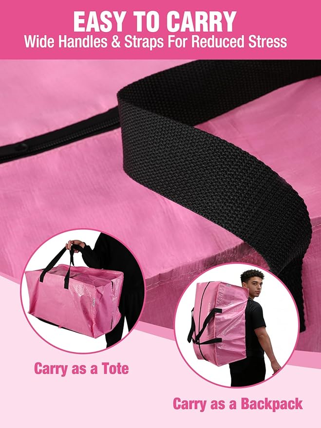 WORKPRO 1 Pack Extra Large Moving Bags with Zippers & Carrying Handles Backpack Straps, Heavy-Duty Storage Tote for Space Saving Moving Storage (Pink)