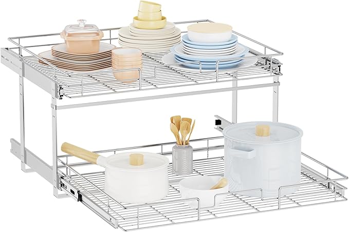 LOVMOR Individual Pull Out Cabinet Organizer, 2 Tier Slide Out Cabinet Drawers, Pots and Pans Organizer and Storage Pantry Shelf for Kitchen (28½" W x 21½" D)