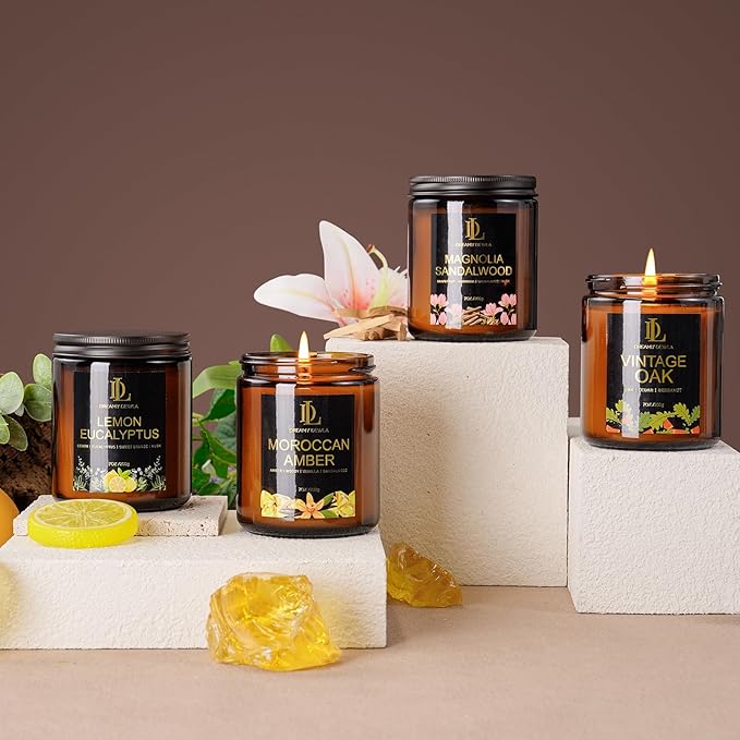 Candles Gifts for Women Men, Candle for Home Scented, 4Pack 28oz Soy Candles Set, Scents of Lemon Eucalyptus/Moroccan Amber/Magnolia & Sandalwood/Vintage Oak