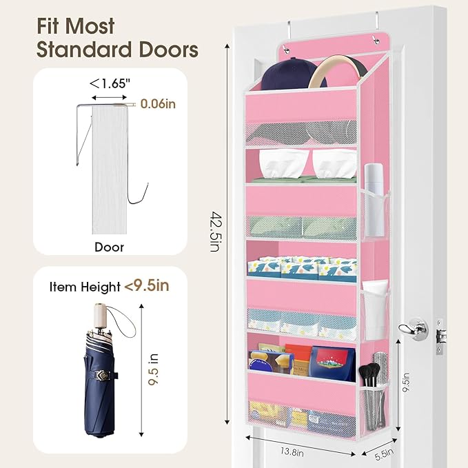 SpaceHacks 1 Pack Over The Door Organizer Hanging Storage Organizers with Clear Window 40lb Large Capacity Room Organizer for Pantry Laundry Bathroom Nursery Closet(Pink)