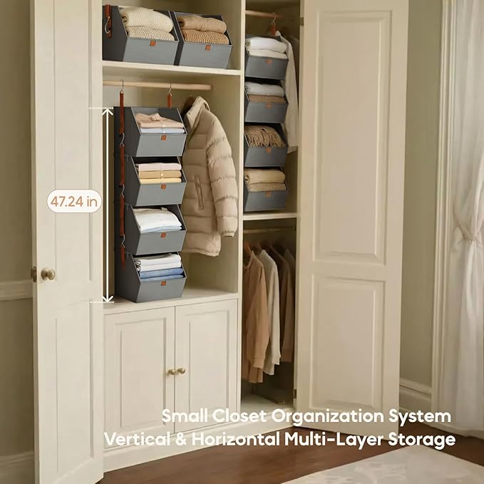 Hanging Closet Organizer 4 Tier - Clothes Hanging Shelves, Space-Saving Closet System, Fabric Storage Bins Bedroom Organization, Collapsible Baskets for Home, Dorm, Rv, Grey, 8 Pack
