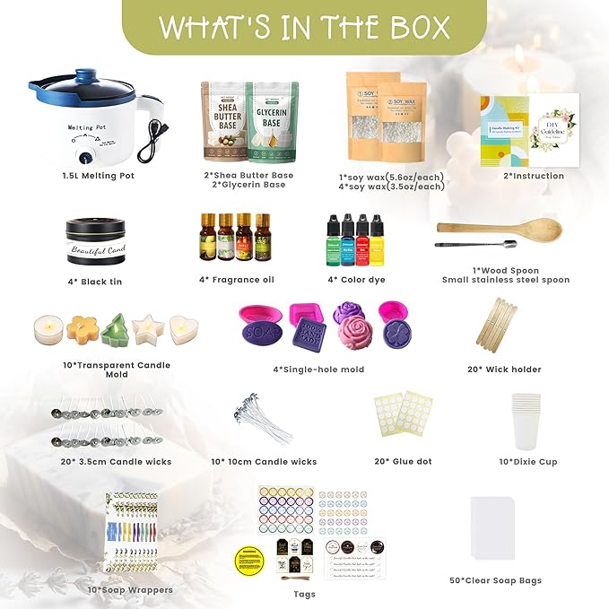 PIUH Basic DIY 2-in-1 Candle & Soap Making Supplies Kit with Wax/Soap Melter and Candles/Soaps Making Supplies for Adults Beginners, Starter Making Candle Soap Craft Kits Gifts