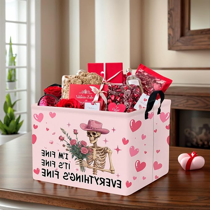 Valentine's Day Basket Gift for Empty Cute Heart Large Storage Bin for Kid and Baby Room Décor (Pink Rose Skull Heart)