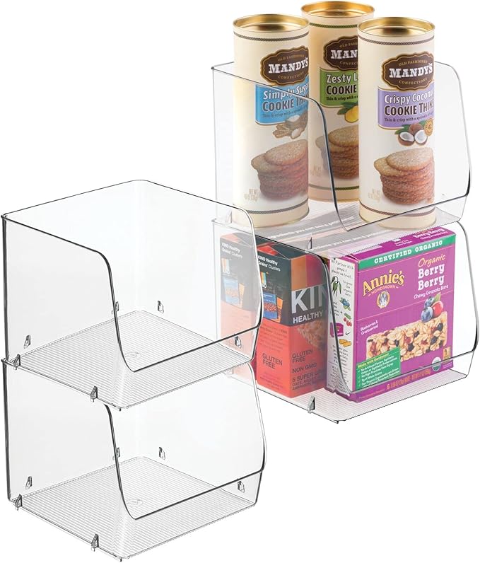 mDesign Modern Stackable Plastic Open Front Dip Storage Organizer Bin Basket for Kitchen Organization - Shelf, Cupboard, Cabinet, and Pantry Organizing Decor - Ligne Collection - 4 Pack - Clear