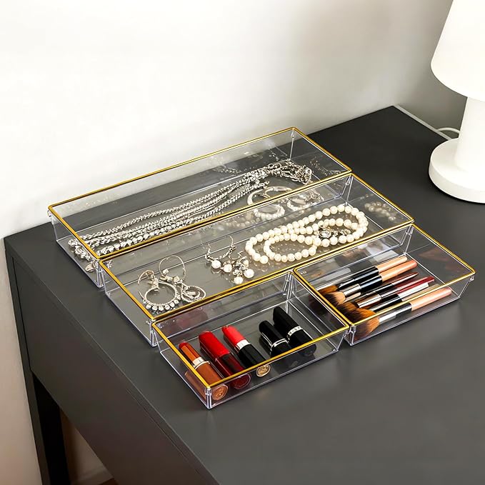 12 Pack Large Size Clear Stackable Drawer Organizer Trays, Gold Rim Makeup Drawer Storage Tray Divider, Desk Storage for Makeup, Jewelry, Bathroom, Stationary, Kitchen Utensils and Office Desk