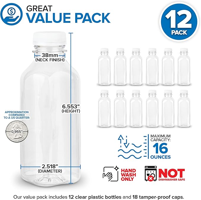 Juice Bottles with Caps for Juicing & Smoothies, Reusable Clear Empty Plastic Bottles with Caps, 16 Ounce Drink Containers for Mini Fridge, Juicer Shots, Small Water Bottles Bulk 16 oz (12 Pack)