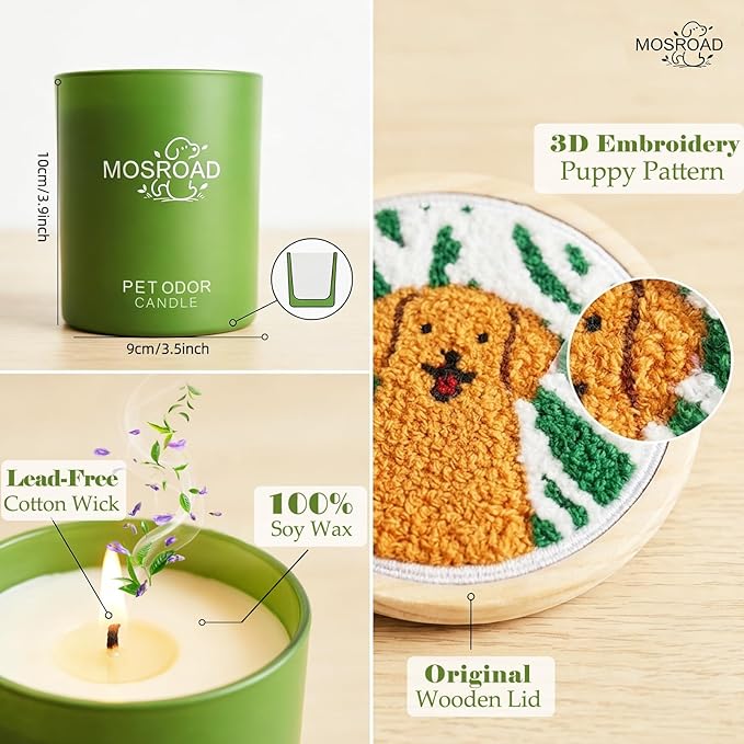 Pet Odor Eliminator Candle – Lavender & Green Tea, 60-Hour Long Burn Time, Plant Based Pet Safe Soy Wax Candles for Home Scented, Cat & Dog Friendly Odor Eliminating Candle Gift