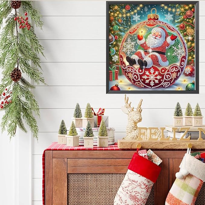 Xmas Santa Claus Ball 5D Special Shape Diamond Art Kits for Beginners, Christmas Winter Theme Diamonds Painting Kits for Adults,DIY Crystal Rhinestones Diamond Paintings for Home Wall Decor 12×12Inch