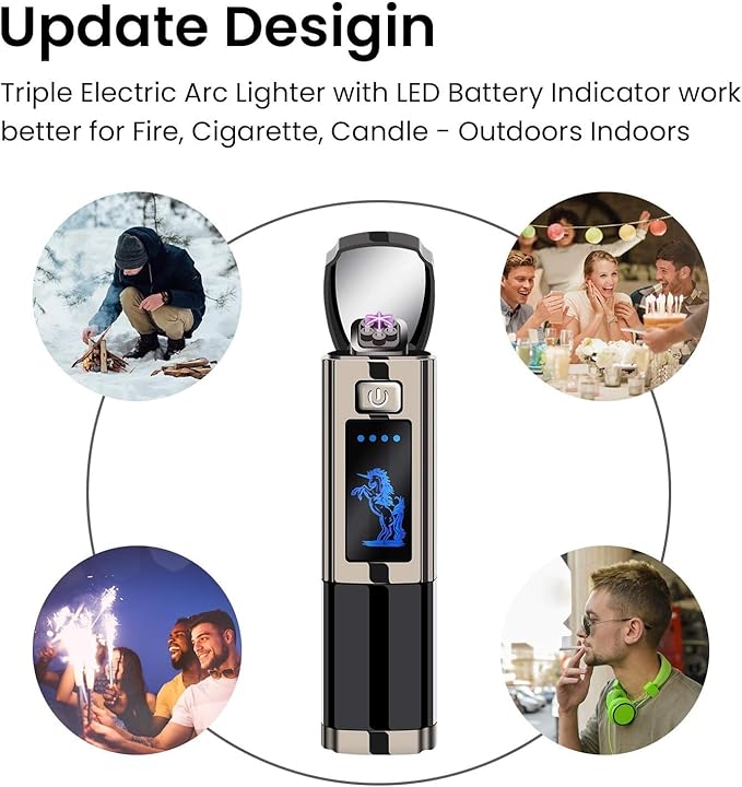 Triple Arc Plasma Lighter – Windproof Flameless Electric Lighter Rechargeable with LED Battery Indicator – Survival Lighter for Camping, Hiking, Outdoor Adventures