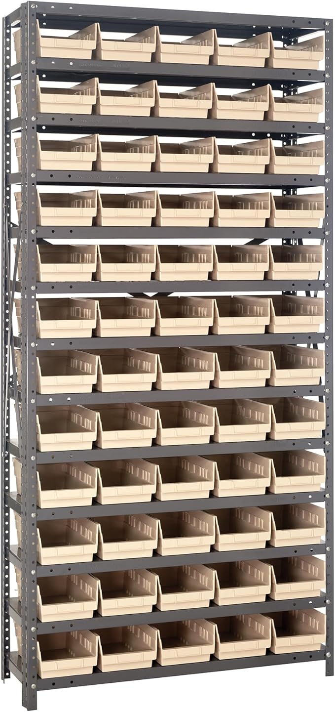 Quantum Storage Systems 1275-102IV Steel Shelving Unit with 4" Shelf Bins, 12" D x 36" W x 75" H, Ivory