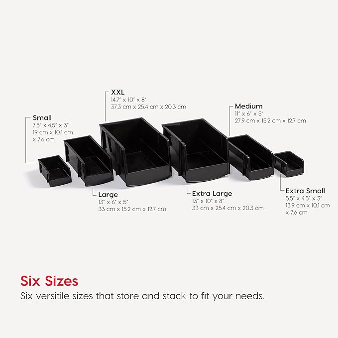 IRIS USA Small Stackable Storage Bins, 8-Pack, 7.5 x 4.5 x 3 inch, |Made in USA|, Plastic Open Front Shelf Bin for Organizing Parts, Hardware, Tools, Supplies, Garage Shelf, Pantry - Black