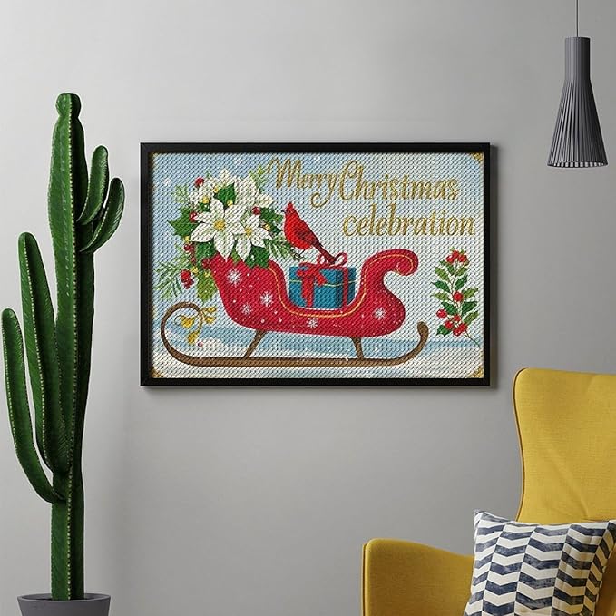 Diamond Painting Kits for Adults - Red Sleigh with Poinsettias, Cardinal Bird Merry Christmas Painting DIY 5D Full Drill Diamond Dots Paintings with Diamonds Gem Art And Crafts Home Decor 8"x12"