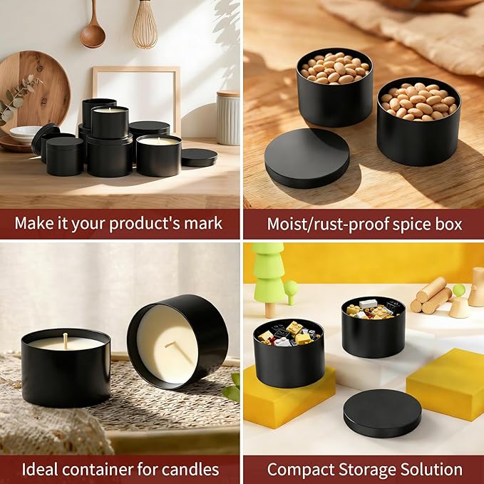 MGLIFEUL Candle Tins Jars Container Vessels for Making 4 8 Oz Black Empty Candle Tins Can Gift Box Packaging Plate with Lids Wax Container Bulk Making DIY Candle Supplies Accessories(Black,4oz,24pcs)