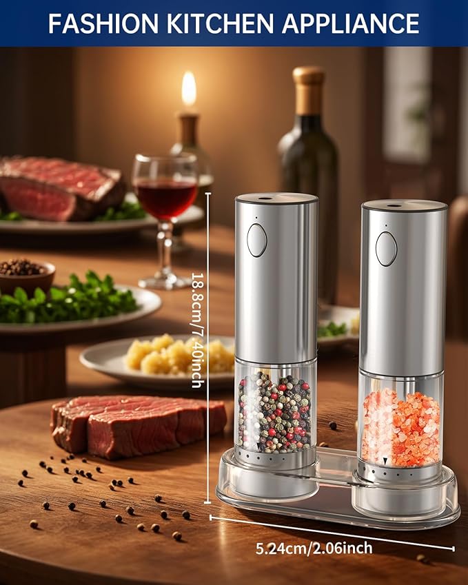 CIRCLE JOY Electric Salt and Pepper Grinder Set Rechargeable Stainless Steel Salt and Pepper Shakers with LED Light and Storage Base, External Adjustable Coarseness for Hygienic Easy Use