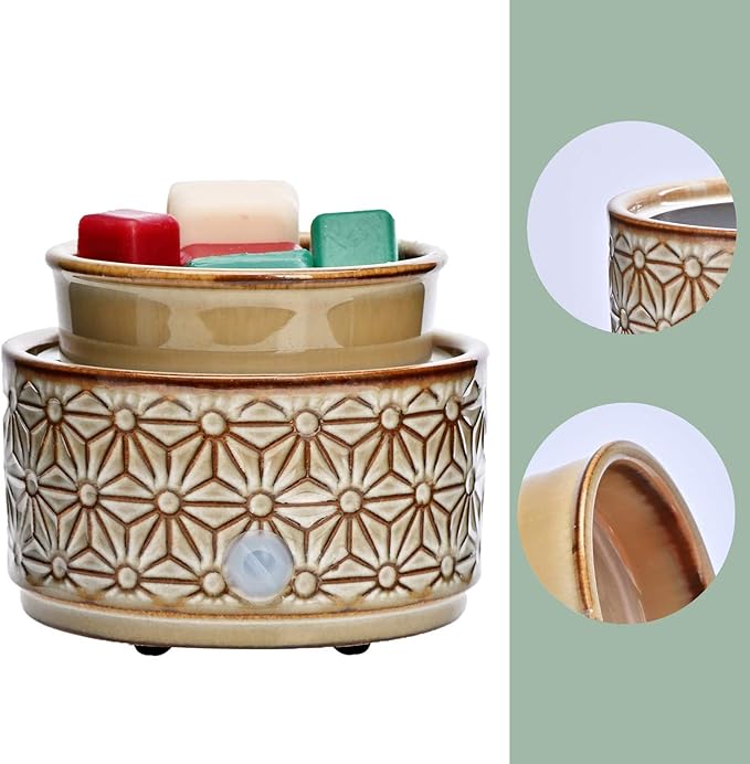ASAWASA Ceramic Wax Melt Warmer - 3 in 1 Electric Wax Candle Burner Melter for Home Decor Gift (Brown Hexagon Pattern)