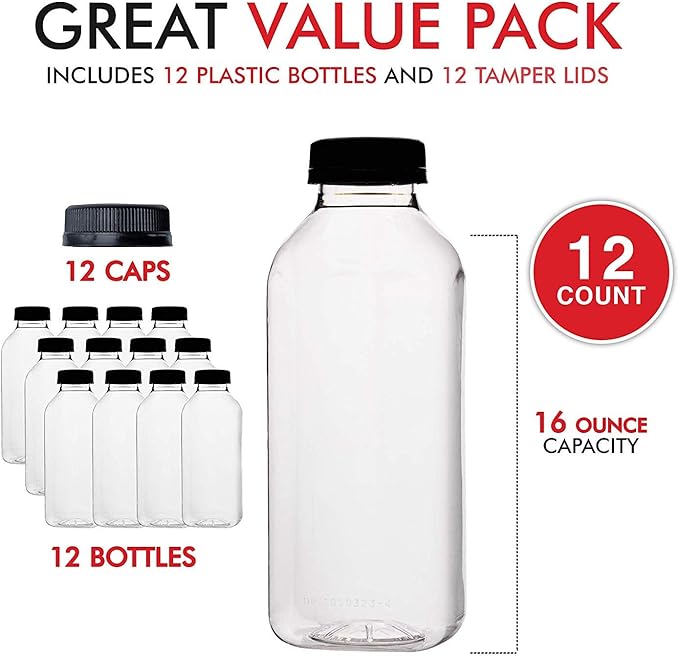 Empty Plastic Juice Bottles Bulk with Caps for Juicing & Smoothies, Reusable Clear , 16 Ounce Drink Containers for Mini Fridge, Juicer Shots, Small 16 oz (12 Pack)