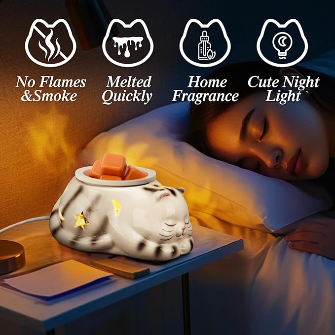LESES Electric Wax Melt Warmer, Cat Ceramic Wax Melter for Scented Cubes, 4-in-1 Candle Burner Scentsy Fragrance Oil Warmer Bedroom Home Decor Gift for Mom Grandma