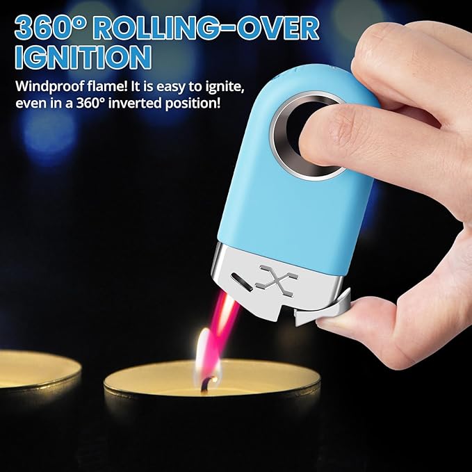 Mini Torch Lighter Cool Ring Lighter, Small Keychain Fidget Lighters Refillable Butane Torch for Candle BBQ, EDC Pocket Lighters with Adjustable Jet Flame, Unique Gifts for Men Women (Blue)