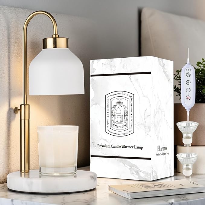 Marble Candle Warmer Lamp with Timer & Dimmer - Adjustable Height Electric Wax Melt Warmer fit for All Jar Candle Sizes, Premium Marble Base - Flameless Fragnance Lamp for Home Decor & Gifts