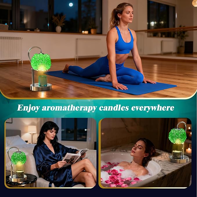 Luxury Candle Warmer Lamp with Timer & Dimmable Brightness, Crystal Gemstone Shade & Premium Base - Adjustable Wax Melt Warmer for Home Decor (Green)