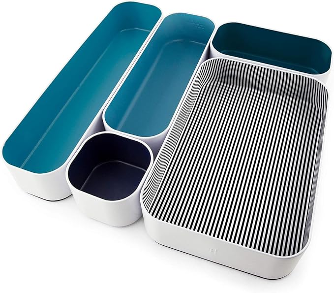 Three by Three Seattle 5 Piece Metal Organizer Tray Set for Storing Makeup, Stationery, Utensils, and More in Office Desk, Kitchen and Bathroom Drawers (2 Inch, Assorted Blue and Stripes)