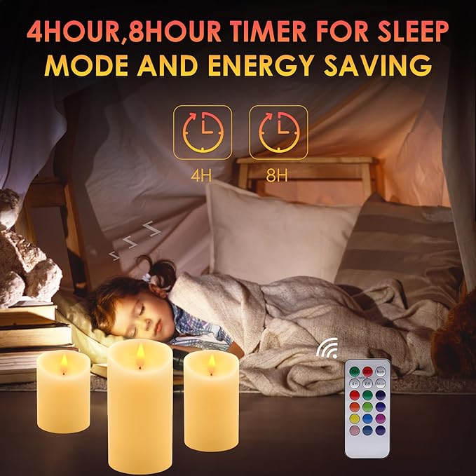 Flameless LED Candles Light, ALED Light 3 Pack Warm White Plus Multicolor Real Wax Battery Operated Electric LED Battery Candles with Timer FLameless Pillar Candles for Decoration