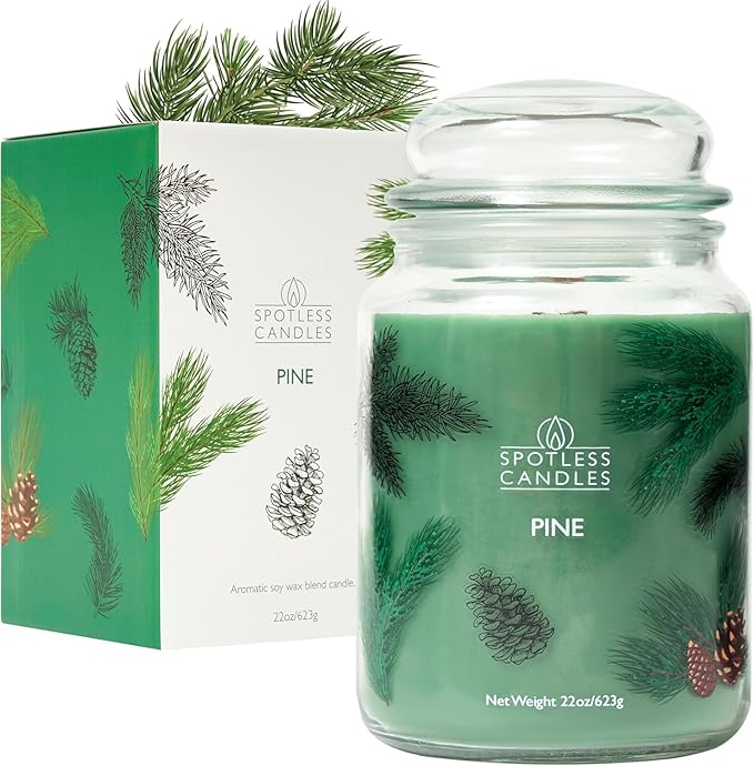 Pine Candle - Large 22oz Glass Jar with Wooden Wick 130 Hours Burn Time - Decorated Jar Within a Presentation Gift Box and Protective Shipping Box